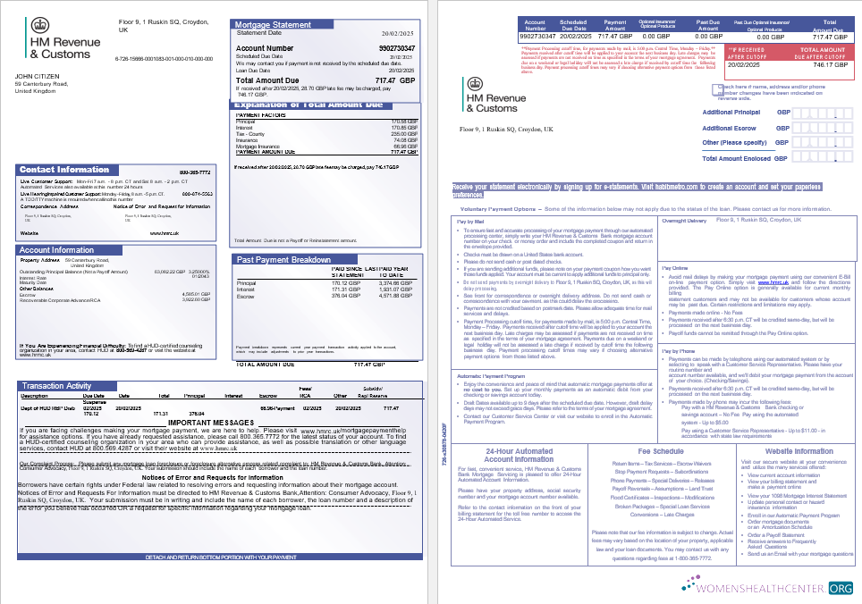 United Kingdom HM Revenue & Customs bank mortgage statement in Word and PDF formats, 3 pages 1 2